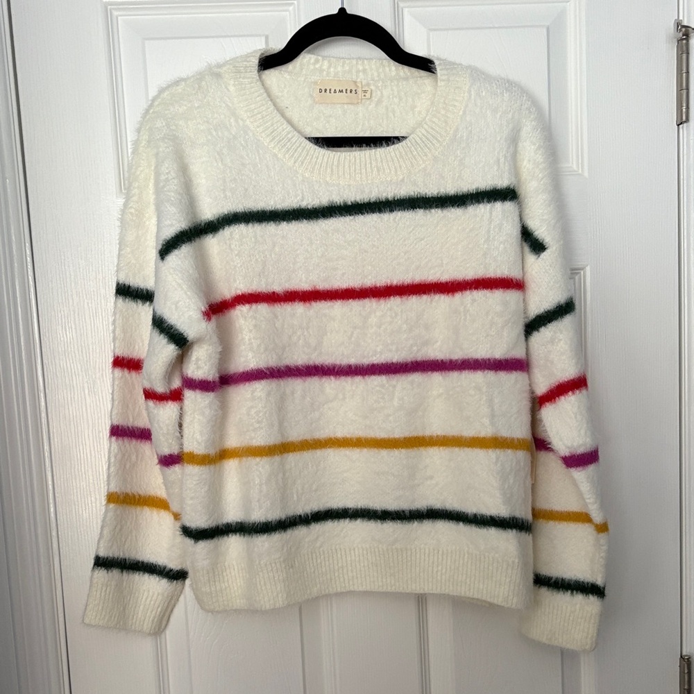Dreamers Fuzzy Women's Sweater - White with Red, Green, Purple, Yellow Stripes